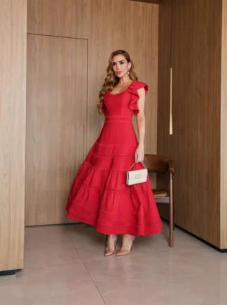 Vestido Luma Feminino Mídi em Alfaiataria com Babados e Detalhes em Guipir - Doce Maria