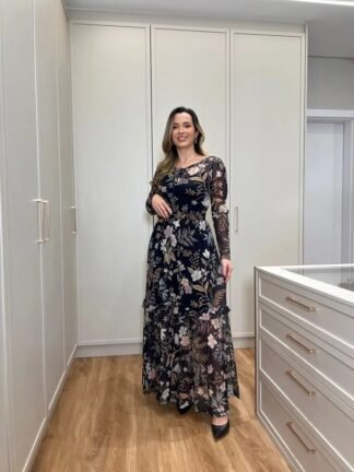 Vestido Preto Longo em Tule Floral - Expressão
