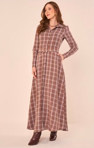 Vestido Chemise Longo Xadrez Marrom - Fascinius