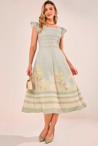 Vestido Midi Godê Verde com Estampa Degradê e Guipir - Fascinius