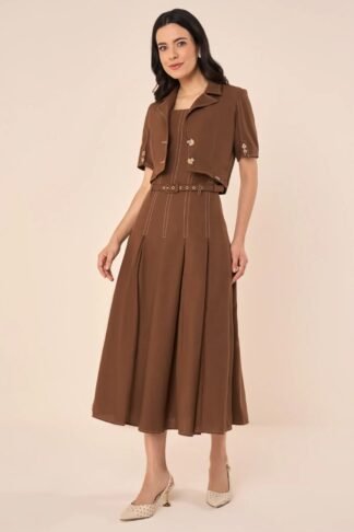 Vestido Midi Marrom de Alfaiataria com Jaqueta Cropped - Fascinius