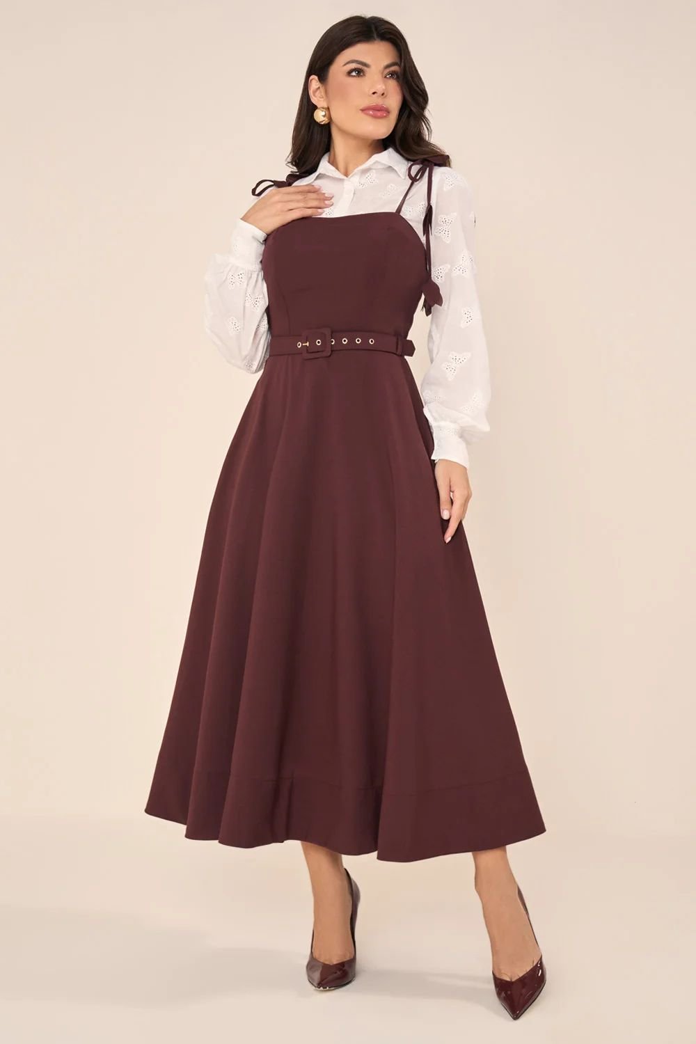 Vestido Midi Marrom com Camisa Bordada - Fascinius
