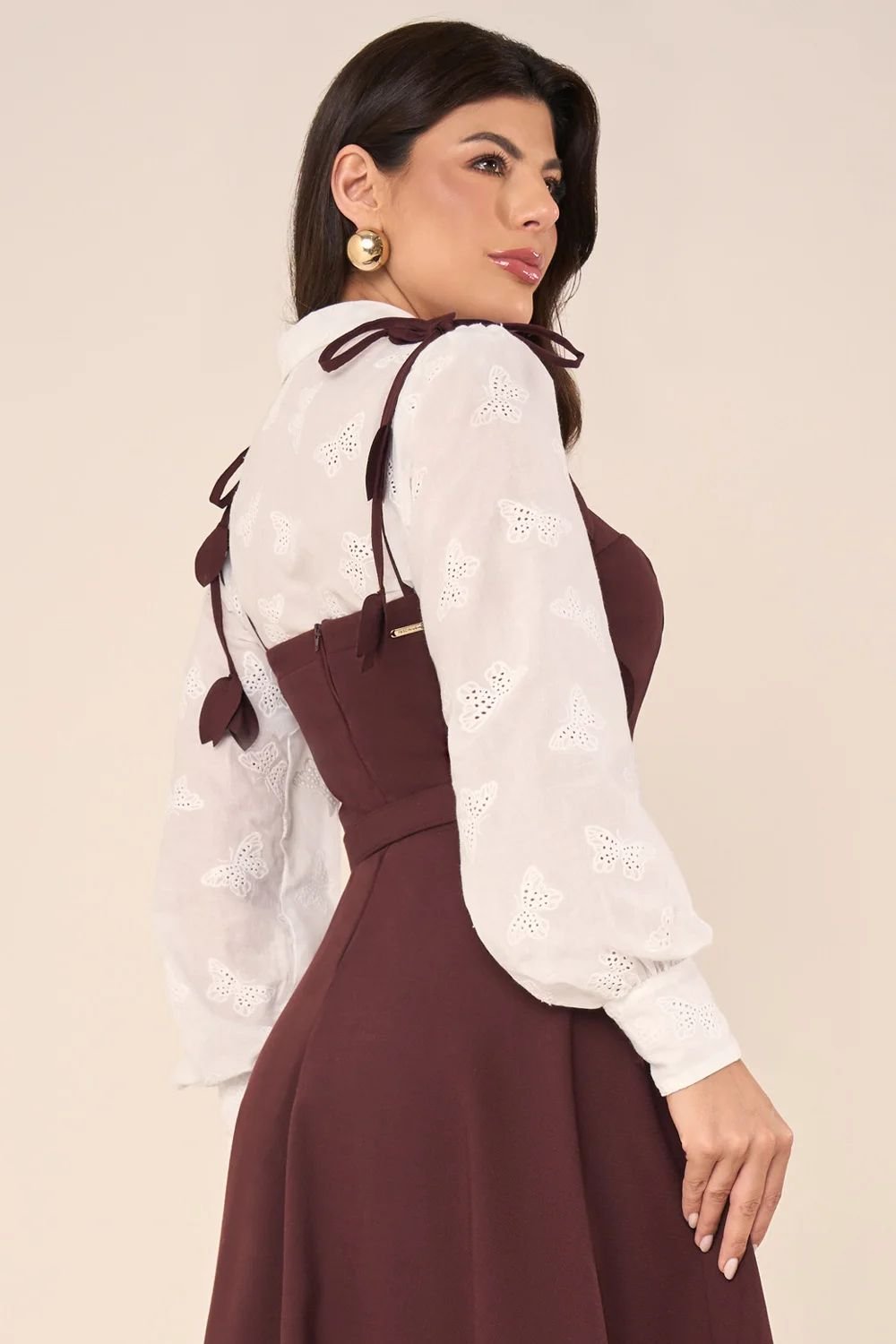 Vestido Midi Marrom com Camisa Bordada - Fascinius - Imagem 2