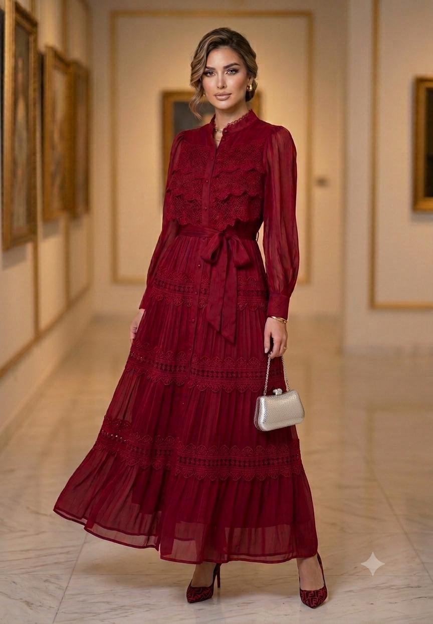 Vestido manga longa de festa com renda - Imagem 2