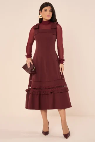Vestido Midi com Laços nos Ombros e Blusa em Tule Bordô - Fascinius