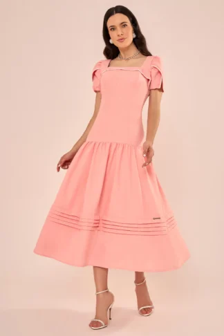 Vestido com Decote Quadrado e Mangas Tulipa Rosa - Fascinius