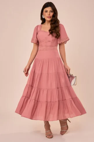 Vestido Midi Evasê com Guipir e Recortes em Marias Rosa - Fascinius