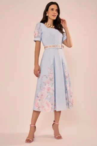 Vestido Midi Evasê com Estampa Floral e Mangas Princesa Azul - Fascinius