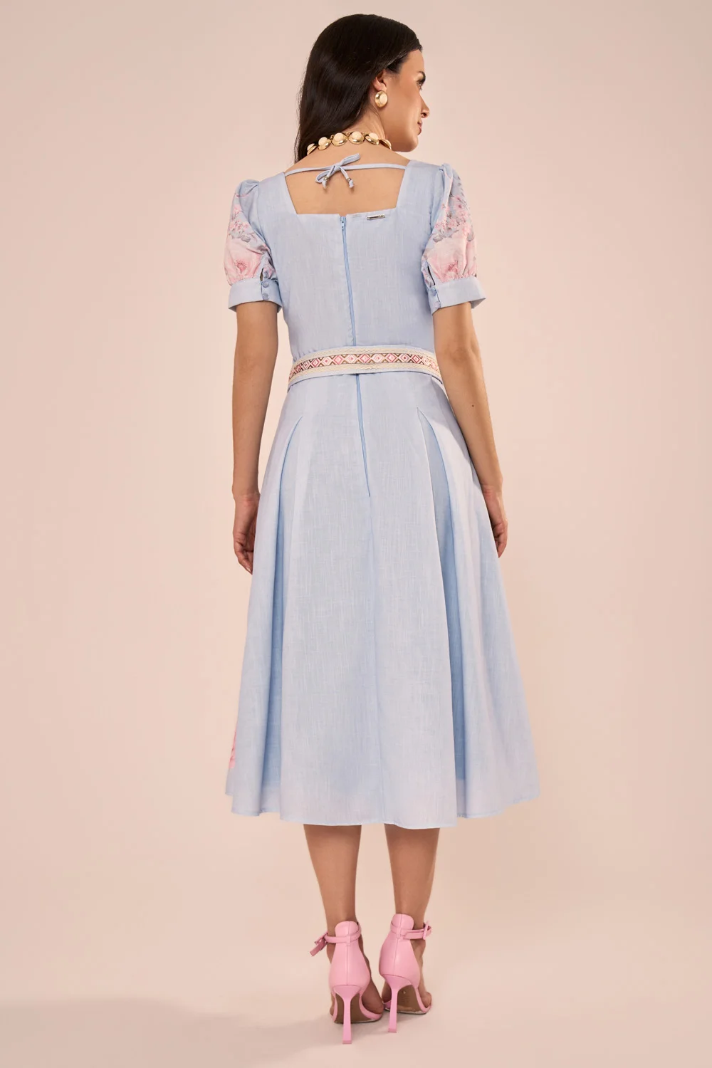 Vestido Midi Evasê com Estampa Floral e Mangas Princesa Azul - Fascinius - Imagem 3