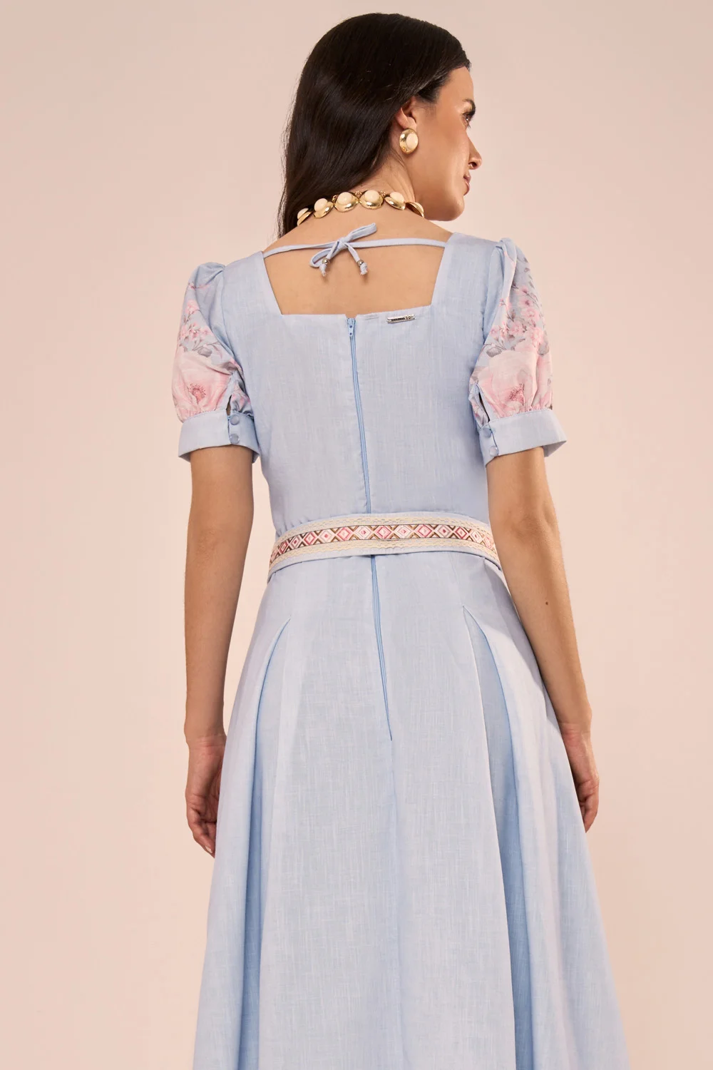 Vestido Midi Evasê com Estampa Floral e Mangas Princesa Azul - Fascinius - Imagem 5