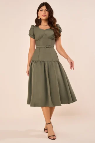 Vestido Midi Evasê com Mangas em Camadas Verde - Fascinius