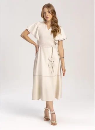 Vestido Evasê de Linho Com Pespontos Pink e Faixa Para Amarração - Laura Rosa