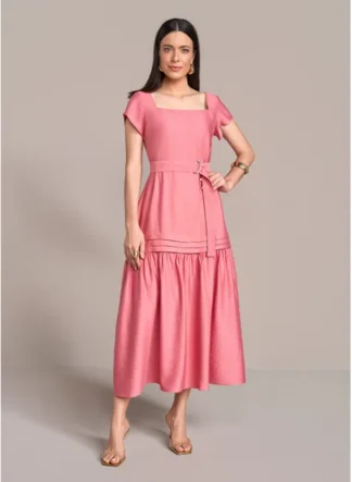 Vestido Em Alfaiataria de Viscose Rosa Com Faixa Com Argola - Laura Rosa