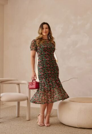 estido Midi em Tule Floral c/ Drapeado - Expressão