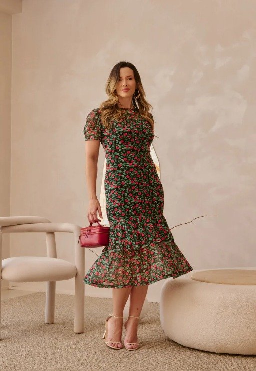 estido Midi em Tule Floral c/ Drapeado - Expressão